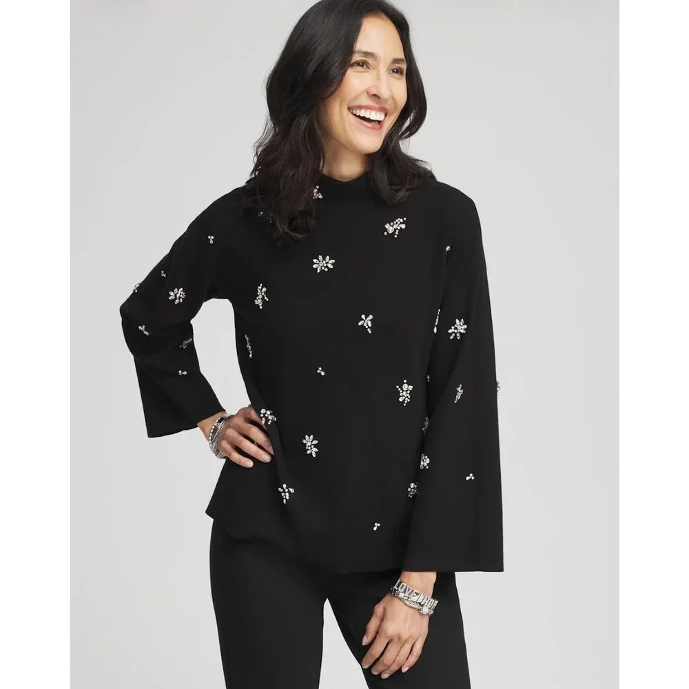 Chicos Embellished Mockneck Pullover Sweater Size 2 US L Black Wide Sleeves